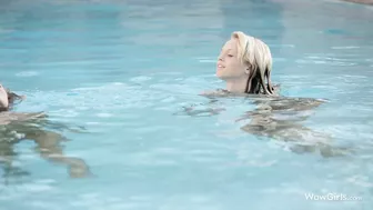 Naked girls are going to have XXX fun after swimming in the pool