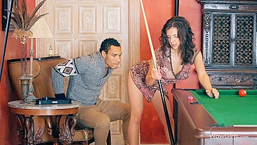 Black guy fucks naked girl's XXX hole and it's better than pool game