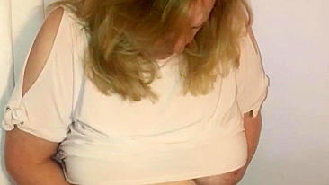 Naughty sexy big tits mom masturbates while standing