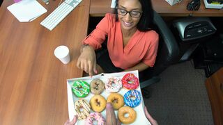 Boss offers nerdy Ebony secretary his XXX cock instead of donuts