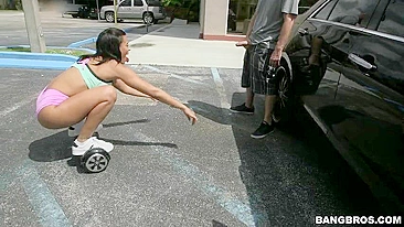 Eccentric Latina balances on hoverboard while sucking XXX rod outdoors