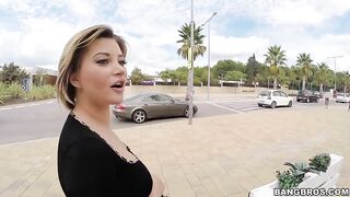 For cash stacked Russian blonde flashes big XXX boobs to stranger