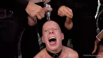 Bald slut is intensely diddled and humiliated in public