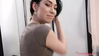 Green-eyed brunette babe Aria Alexander licks balls and sucks cock craving for cumshot in her mouth