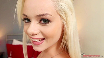 Green-eyed cutie Elsa Jean with beautiful blonde hair sucks dick and rubs pussy against it craving sperm