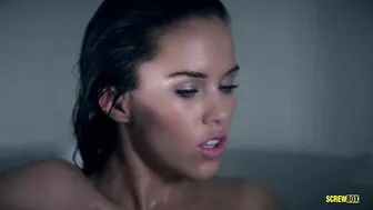 Self-confident pornstar Megan Rain with attractive young body reaches orgasm in bathroom by herself