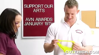 Muscular coach fucks brunette schoolgirl with nice boobies