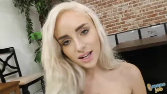 Skinny woman with platinum hair willingly gets on her knees and takes dick in hands