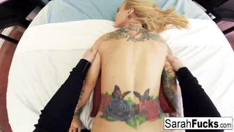 Tattooed bombshell Sarah Jessie sucks cock and gets nailed in doggystyle position by guy with camera