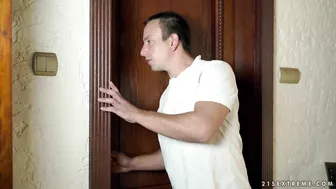 Short-haired granny Lili laughs of happiness and pleasure when young guy Rob drills her hairy cunt