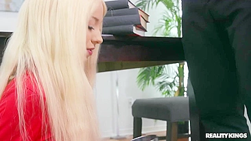 Excited blond lassie convinces tutor to drill her pink XXX snatch
