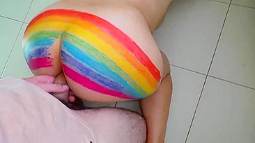 Son is happy with rainbow on fanny of mom hinting at XXX anal banging