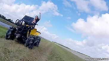 Ride on ATV makes winsome girl in the mood to flash juicy XXX tits