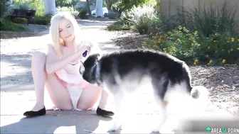Petite blonde cutie with dog on the street, show pussy Petite blonde cutie with dog on the street, show pussy
