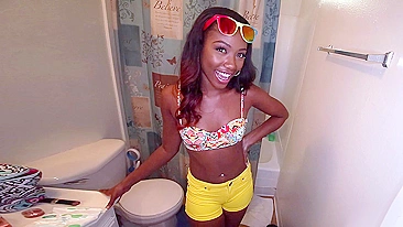 Skinny Ebony babe in sexy XXX outfit shows guys her new bathroom
