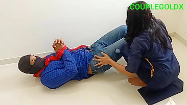 Long-haired Indian nymph strokes and rides devar's cock on the floor