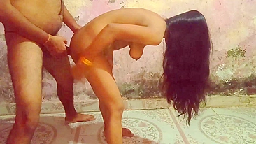 Long-haired Indian Bhabhi drilled by neighbor in standing doggystyle