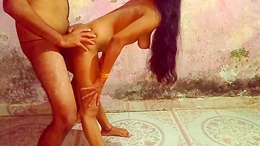 Long-haired Indian Bhabhi drilled by neighbor in standing doggystyle