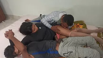 Bimbo Indian sister-in-law satisfies two guys who are fans of her jugs