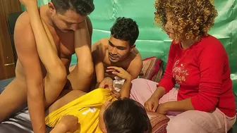 Curly-haired indian aunty enjoys the way two guys fuck her sister-in-law
