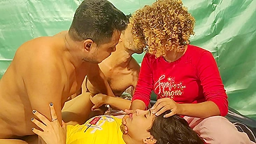 Curly-haired indian aunty enjoys the way two guys fuck her sister-in-law