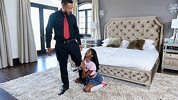 Black man lures adorable Ebony babysitter into XXX affair in bedroom