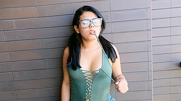 Pig-tailed Latina with glasses shakes hot XXX part before coition