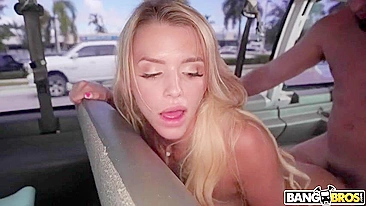 Tiny blonde enjoys having her XXX twat rammed from behind in the van