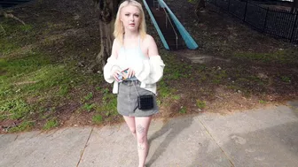 Guys talk to a slutty blonde with huge XXX melons to pick her up