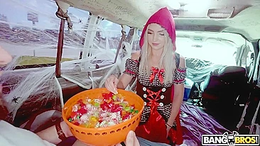 On Halloween Little Red Riding Hood finds cock among sweets in XXX van