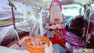 On Halloween Little Red Riding Hood finds cock among sweets in XXX van