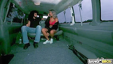 Exotic chick jumps in the XXX van to expose round breasts on camera