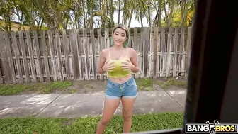 Girl with dyed hair is hungry for money so she jumps in the XXX van