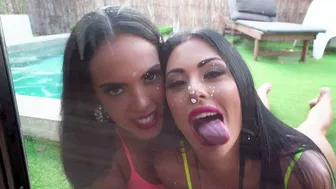 XXX whores with black hair show off succulent tits and asses by pool