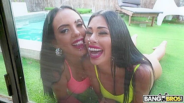 XXX whores with black hair show off succulent tits and asses by pool