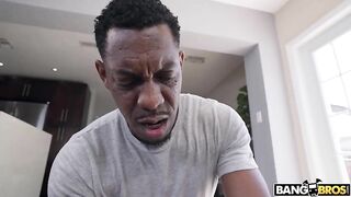 Black man finds Ebony mom stretching and dares to paw XXX sized tits