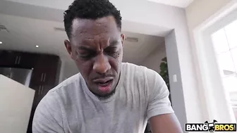 Black man finds Ebony mom stretching and dares to paw XXX sized tits