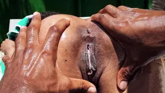 XXX whore has pussy oiled and massaged by black boy in the gonzo video