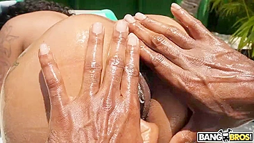 XXX whore has pussy oiled and massaged by black boy in the gonzo video