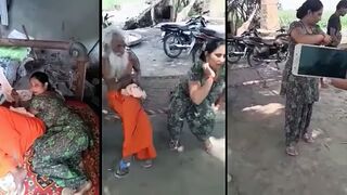 Old Indian man with white beard and bhabhi caught on the phone camera