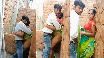 Man fucks Indian slut by brick wall and stops when they are caught