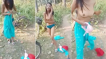 Female bicyclist tries to cover boobs when she is caught by Indian voyeur