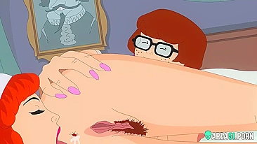Two sluts Velma Dinkley and fiery beauty Daphne Blake start orgy, 3D cartoon