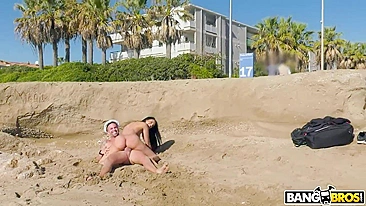 Man fucks brunette MILF with XXX shaped hooters on the deserted beach