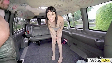 Skinny brunette with small XXX tits fucked inside the special bus