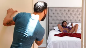 Latin guy catches black stepsister rubbing XXX pussy and helps her