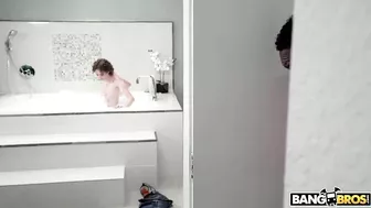 Lovely daughter has fun with stepdad's black XXX bulge in bathroom