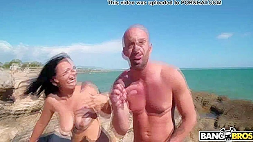 Spanish beauty enjoys hard XXX drilling with bald stud in public