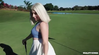 XXX striptease by shameless blonde chick takes place in the golf field XXX striptease by shameless blonde chick takes place in the golf field