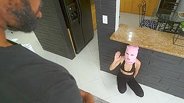 Skinny XXX mom in pink mask is sucking monster black dick